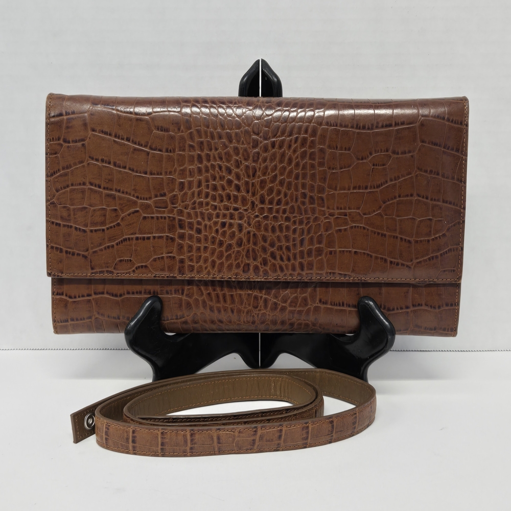 Vntg Faux Crocodile Embossed Clutch with Strap EUC 11"x6.5" Bag 29" Strap